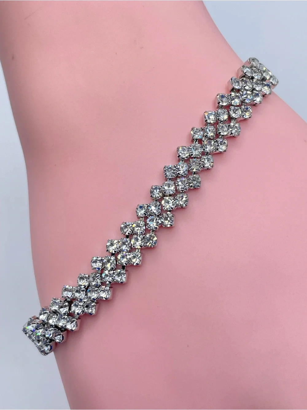Silver Tone Crystal Rhinestone Tennis Bracelet Glam Statement